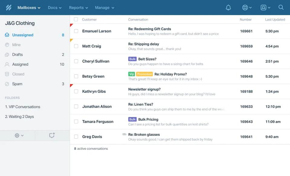 An email inbox for J&G Clothing shows messages from customers about topics like gift cards, shipping delays, promotions, newsletter signups, and broken glasses—highlighting the need to explore Gorgias alternatives for efficient customer support.
